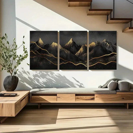 3pcs Mountains, Night Sky, Golden Lines Metal Print Ready to Hang Art