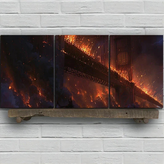 3pcs Fire Bridge Dramatic Burning Bridge Scene Metal Print Ready to Hang Art