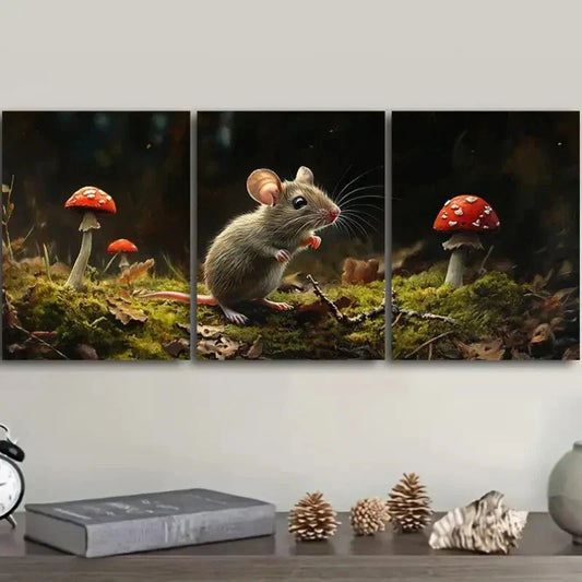 3pcs Small field mouse on mossy Metal Print Ready to Hang Art