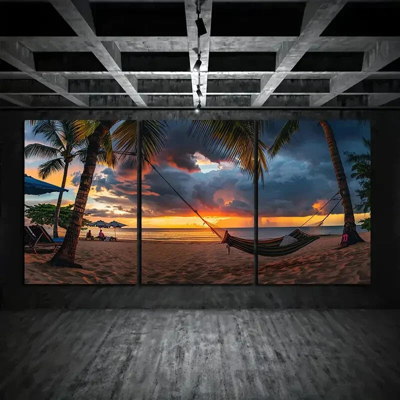 3pcs Tropical Beach & Palm Trees Sunset Metal Print Ready to Hang Art