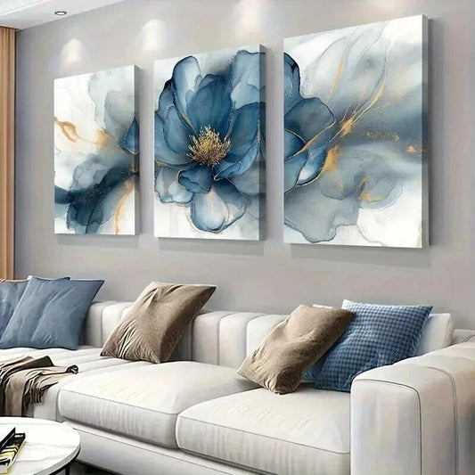 3pcs Elegant Blue and Golden Peony Flower Wall Art Set Canvas Framed 40x60cm - High Quality Print 100% Australian Made Wall Canvas Ready to Hang