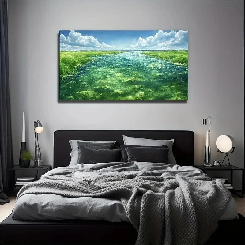 Serene River Landscape Wall Art Canvas Office Home Room Framed 80x45cm