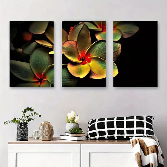 3pcs Vibrant Plumeria Flower Black Background Metal Print Ready to Hang Art