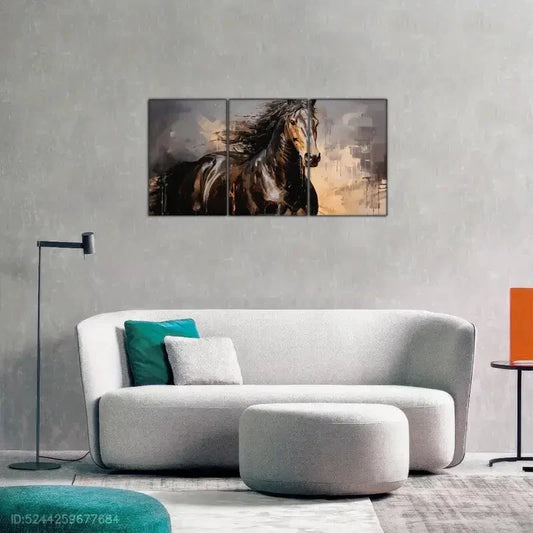 3pcs Brown and Black Running Horse in Country Metal Print Ready to Hang Art