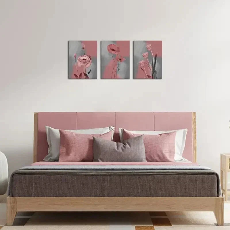 3pcs Featuring Pink And Grey Floral Prints Metal Print Ready to Hang Art