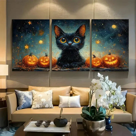 3pcs Black Cat Halloween Starry Night Metal Print Ready to Hang Art