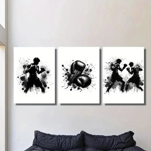 3pcs black and white boxing gloves poster, Metal Print Ready to Hang Art