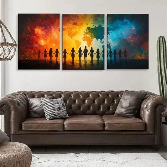 3pcs Vibrant Unity Diversity Silhouette Perfect Wall Art Set Canvas Framed 40x60cm - High Quality Print 100% Australian Made Wall Canvas Ready to Hang