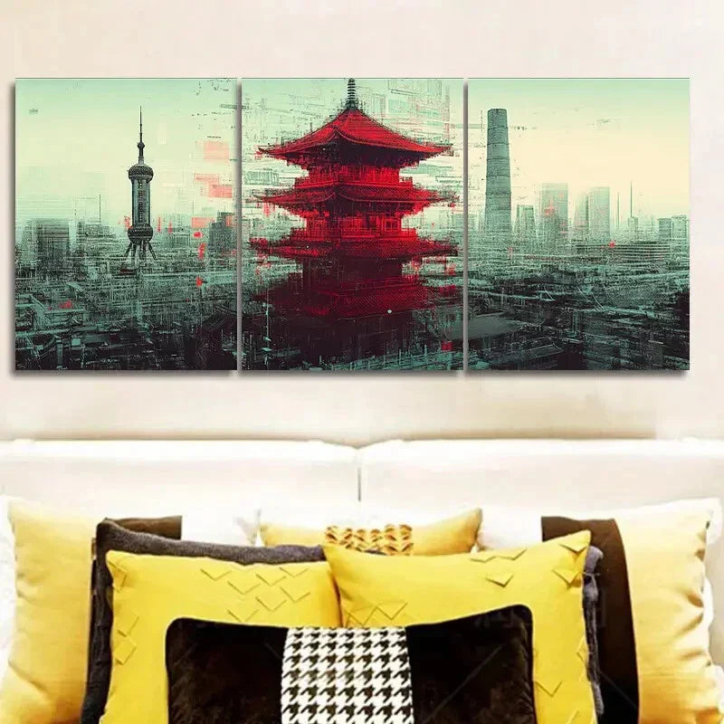 3pcs Chinese-Style Tower  Metal Print Ready to Hang Art