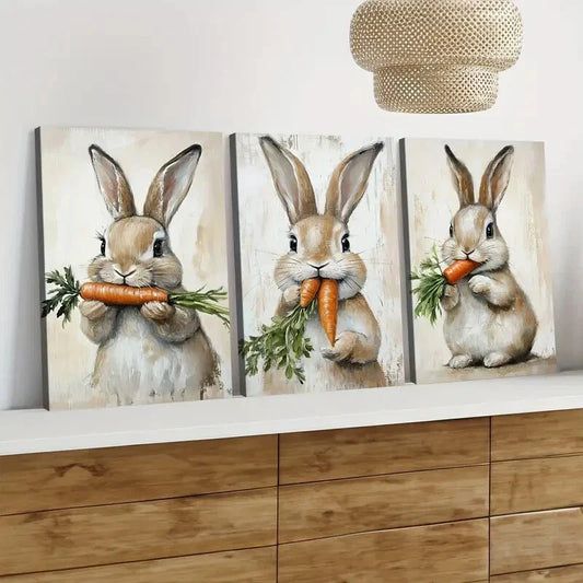 3pcs Cute Rabbit Orange Carrot Green Leaves Wall Art Set Canvas Framed 40x60cm - High Quality Print 100% Australian Made Wall Canvas Ready to Hang