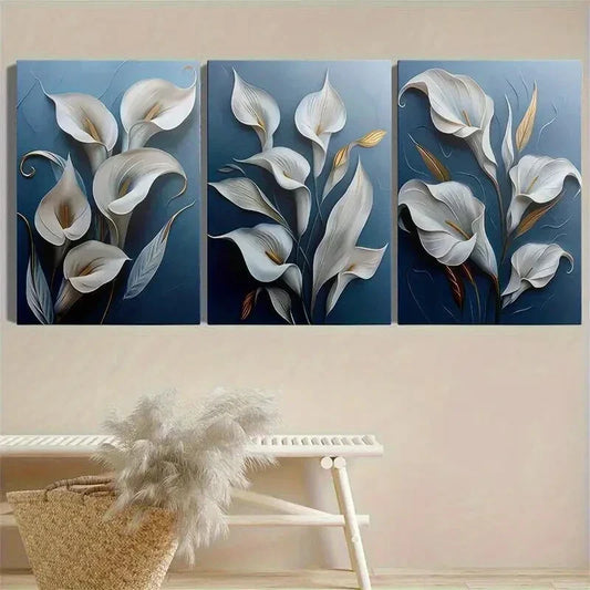 3pcs Modern Floral Blue Simple Metal Print Ready to Hang Art