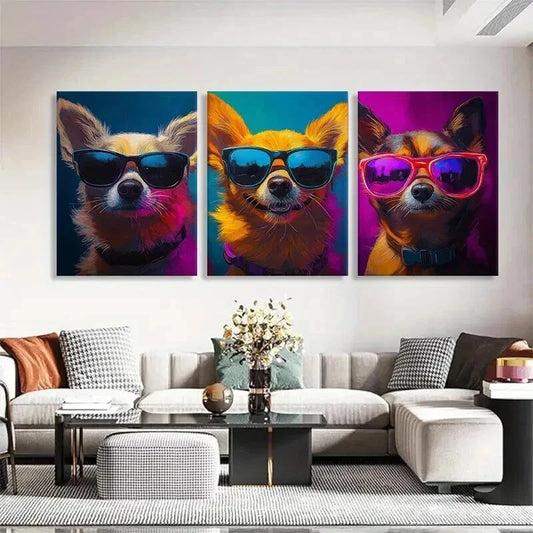 3pcs Cool Chihuahuas in Glasses Vibrant Perfect Wall Art Set Canvas Framed 40x60cm - High Quality Print 100% Australian Made Wall Canvas Ready to Hang