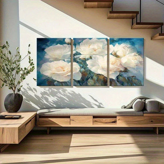 3pcs Beautiful White Roses Vintage Abstract Metal Print Ready to Hang Art