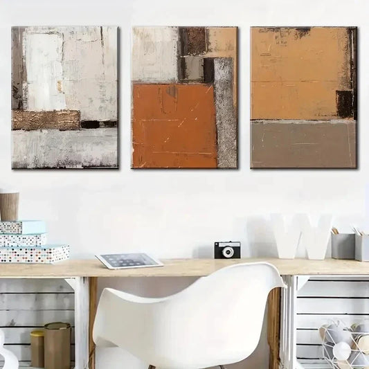 3pcs Featuring Orange Abstract Art Brown Block Metal Print Ready to Hang Art