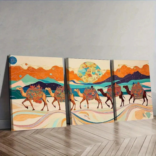 3pcs  Painting A caravan of camels Wall Art Set Canvas Framed 40x60cm - High Quality Print 100% Australian Made Wall Canvas Ready to Hang