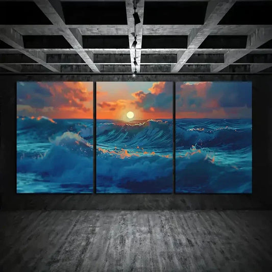 3pcs Ocean Sunset Beach Waves Metal Print Ready to Hang Art