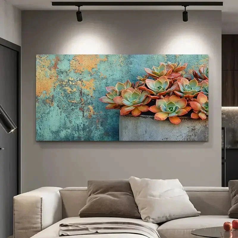 Orange & Green Succulents Wall Art Canvas Office Home Room Framed 120x60cm