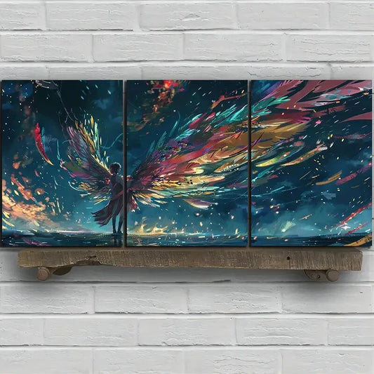 3pcs Colourful Phoenix Girl Golden Blue Metal Print Ready to Hang Art