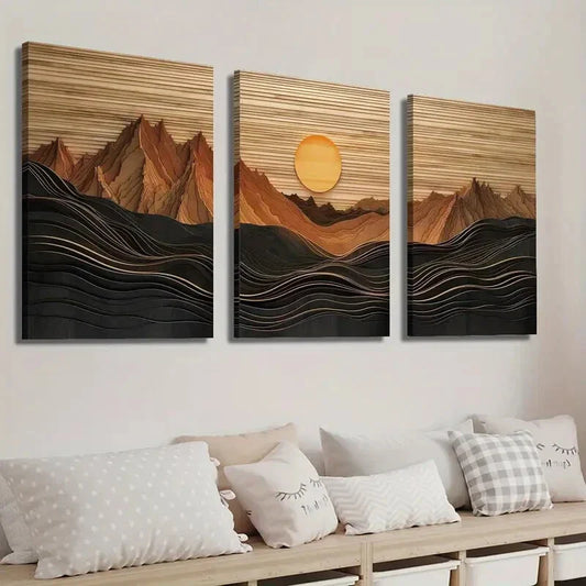 3pcs Abstract Sunset Mountain Landscape Wall Art Set Canvas Framed 40x60cm - High Quality Print 100% Australian Made Wall Canvas Ready to Hang