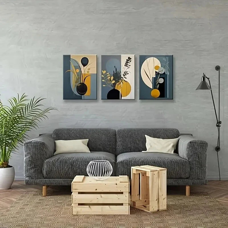3pcs Boho Chic Geometric & Eucalyptus Leaf , Metal Print Ready to Hang Art