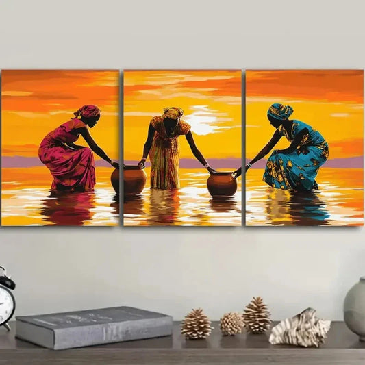 3pcs African Women by the River Metal Print Ready to Hang Art