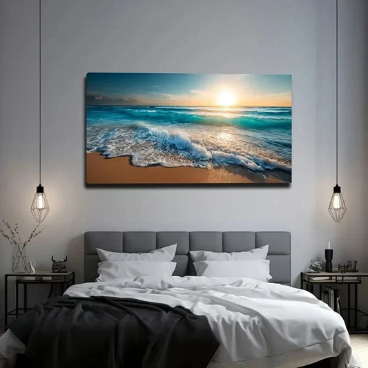 Beach Scene With Sunset & Ocean Wall Art Canvas Office Home Room Framed 80x45cm