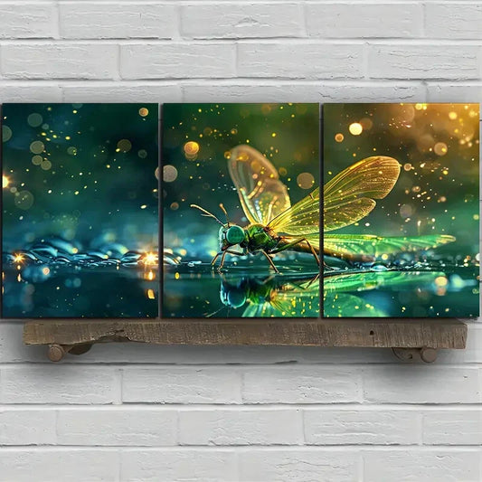 3pcs Firefly Moonlight Golden Wings Metal Print Ready to Hang Art