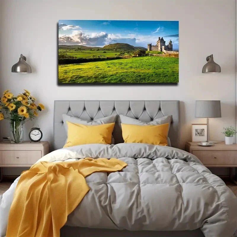 Castle & Green Meadow Wall Art Canvas Office Home Room Framed 80x45cm