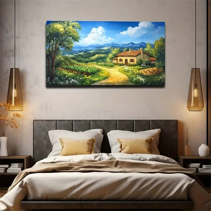 The Path Beside The Farmhouse Wall Art Canvas Office Home Room Framed 80x45cm