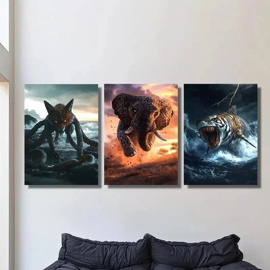 3pcs Enchanting Animal Illustrations And Ancient Metal Print Ready to Hang Art