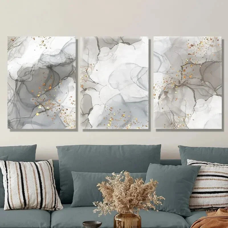 3pcs Gray and Golden Marble Modern Abstract   Metal Print Ready to Hang Art