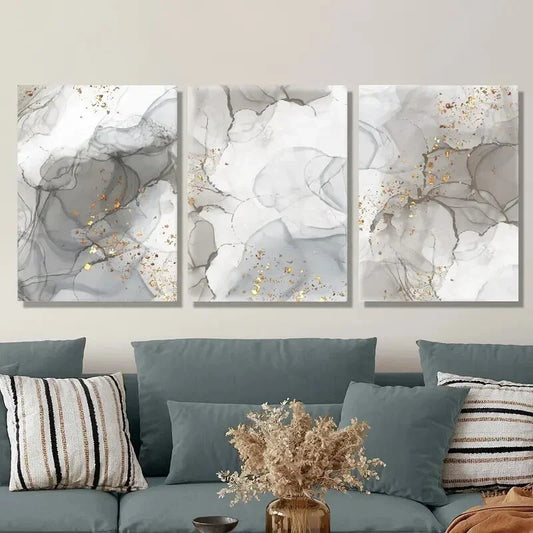 3pcs Gray and Golden Marble Modern Abstract   Metal Print Ready to Hang Art
