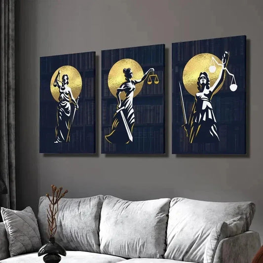 3pcs Golden Silhouette Trio Justice Statue Wall Art Set Canvas Framed 40x60cm - High Quality Print 100% Australian Made Wall Canvas Ready to Hang
