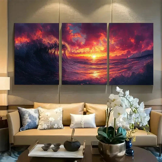 3pcs The Wave Synthwave Style Ocean Metal Print Ready to Hang Art
