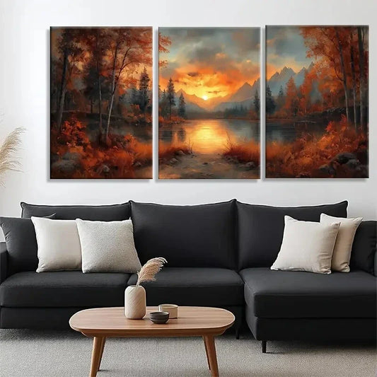 3pcs Sunset Lake Autumn Forest Orange Perfect Wall Art Set Canvas Framed 40x60cm - High Quality Print 100% Australian Made Wall Canvas Ready to Hang