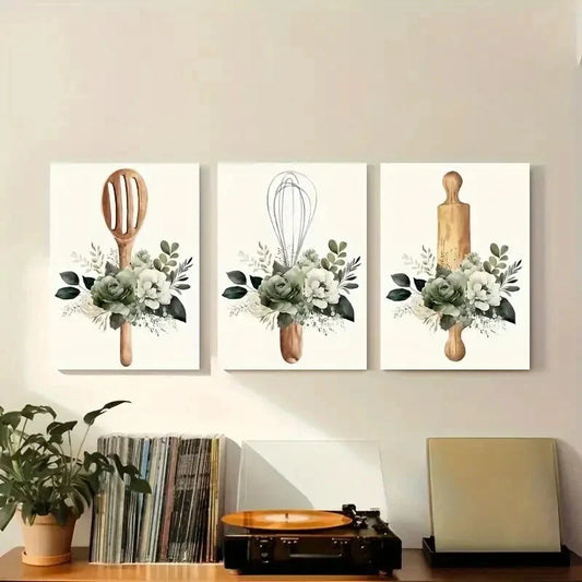 3pcs  Green Watercolor Floral & Kitchenware Metal Print Ready to Hang Art