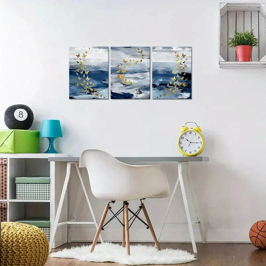 3pcs Golden Butterfly Abstract  Metal Print Ready to Hang Art