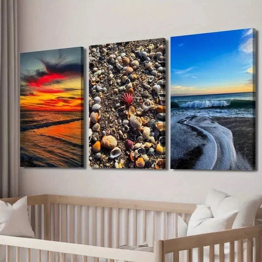 3pcs Vibrant Beach Sunset Seashells & Waves Wall Art Set Canvas Framed 40x60cm - High Quality Print 100% Australian Made Wall Canvas Ready to Hang