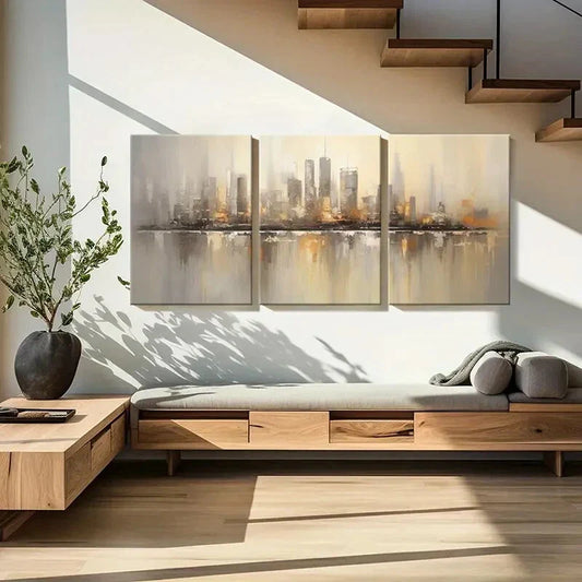 3pcs Golden-Toned Urban Skyline Abstract Metal Print Ready to Hang Art