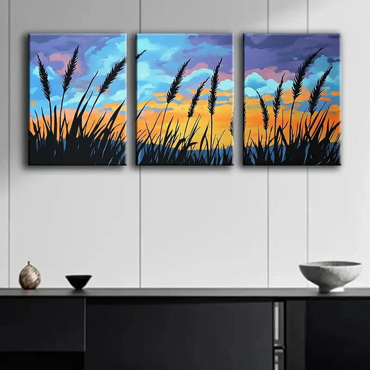 3pcs Sunset Grass Silhouettes Shine Nature Wall Art Set Canvas Framed 40x60cm - High Quality Print 100% Australian Made Wall Canvas Ready to Hang