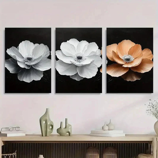 3pcs Elegant Floral White and Orange Flowers Metal Print Ready to Hang Art