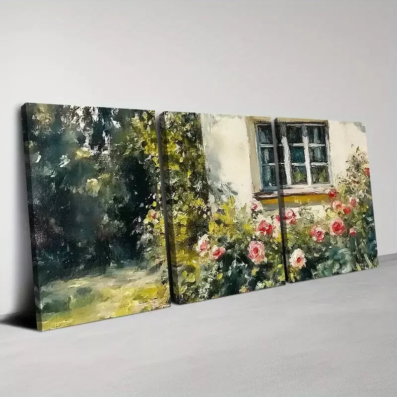 3pcs Retro Beautiful Garden with Floral Painting Wall Art Set Canvas Framed 40x60cm - High Quality Print 100% Australian Made Wall Canvas Ready to Hang