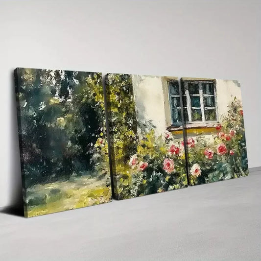 3pcs Retro Beautiful Garden with Floral Painting Wall Art Set Canvas Framed 40x60cm - High Quality Print 100% Australian Made Wall Canvas Ready to Hang