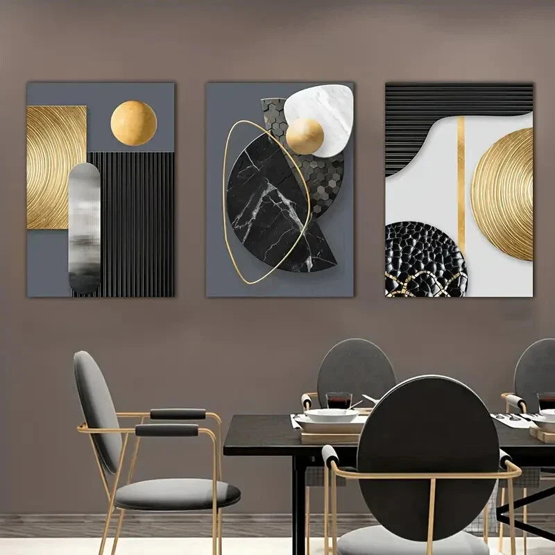 3pcs Modern Geometric Black Gold White  Metal Print Ready to Hang Art