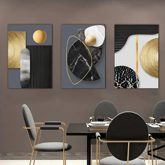 3pcs Modern Geometric Black Gold White  Metal Print Ready to Hang Art