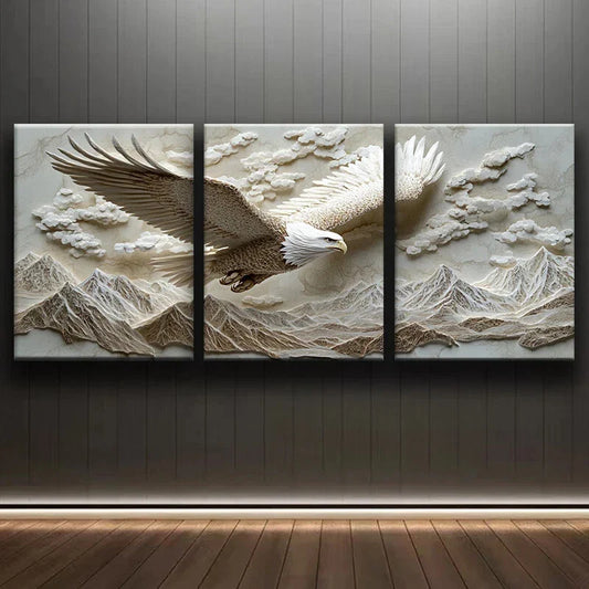 3pcs Abstract White Eagle Beige Metal Print Ready to Hang Art