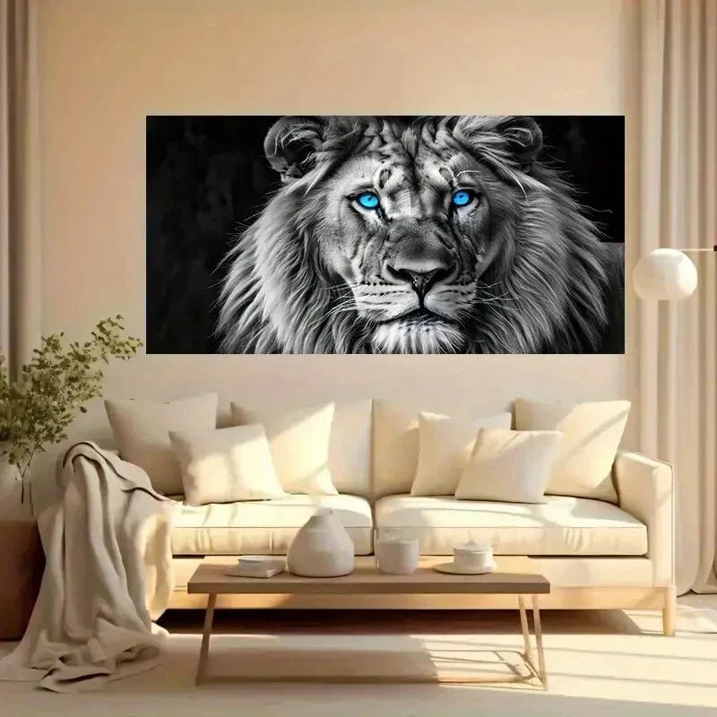 Black Lion with Blue Eyes wall canvas office home room framed 120x60cm
