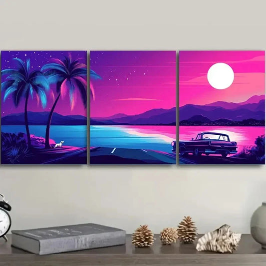3pcs Vibrant Miami Beach Sunset with Palm Trees  Metal Print Ready to Hang Art