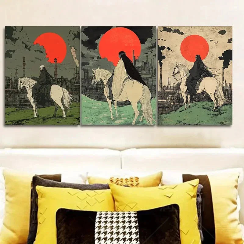 3pcs Red Sunset & White Horse Design Wall Art Set Canvas Framed 40x60cm - High Quality Print 100% Australian Made Wall Canvas Ready to Hang