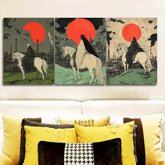 3pcs Red Sunset & White Horse Design Wall Art Set Canvas Framed 40x60cm - High Quality Print 100% Australian Made Wall Canvas Ready to Hang
